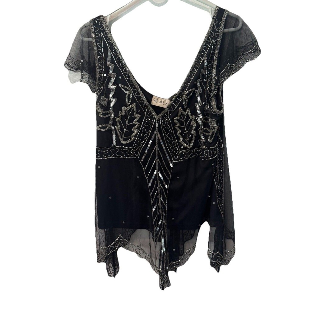 Vtg Y2K Scala Black Sheer Mesh Beaded Silver Sequin Cap Sleeve Top M Whimsigoth - Picture 4 of 12
